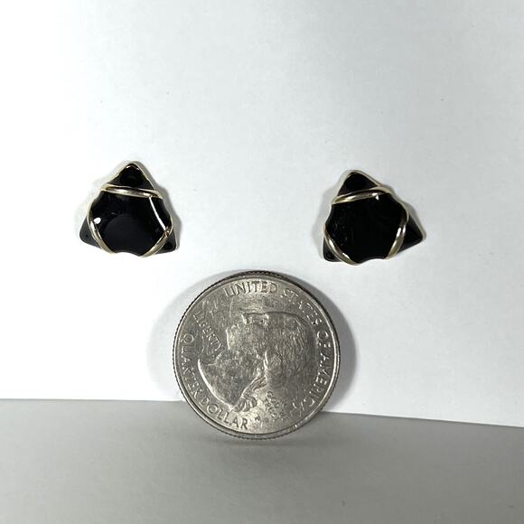 Black Enamel and Gold Tone Vintage Earrings, 1980s Triangle Pierced Studs - Picture 2 of 4